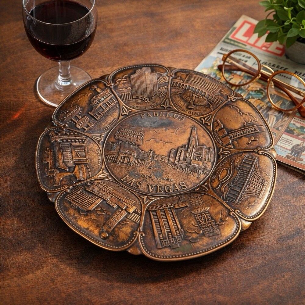 Vintage Las Vegas Copper Souvenir Plate – Embossed Metal Wall Decor